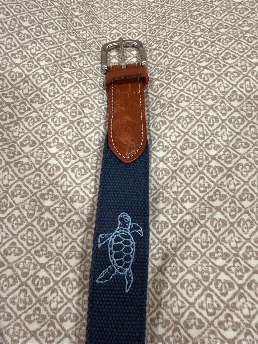 Vineyard Vines Navy Canvas Belt with Brown Leather Trim and Light Blue Turtle